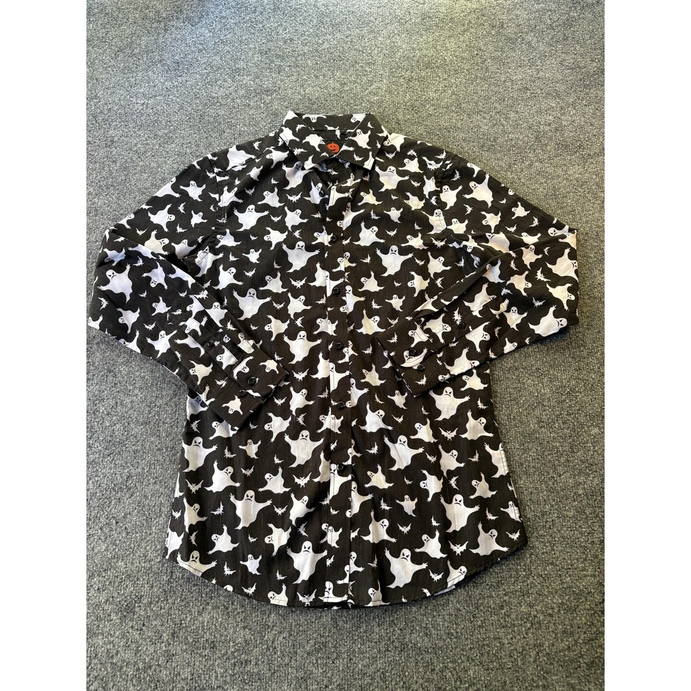 Simon Banks Shirt Mens Small Black Ghost Long Sleeve Button Up Halloween Spooky